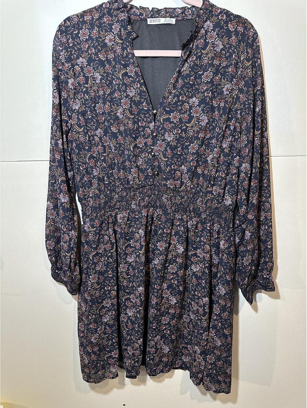Devoted XL Boho Floral Smocked Waist Mini Dress Long Sleeve Cottagecore